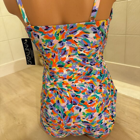 Catalina Colorful Abstract Print One Piece Swimsuit NWTs Cross Front Design - Picture 7 of 10